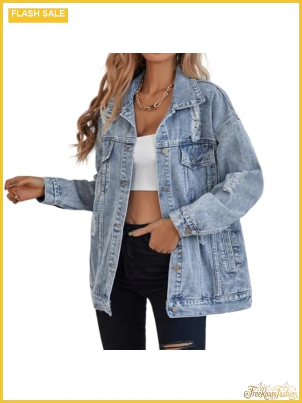 Oversized Ripped Denim Jacket Women Boyfriend Trucker Distressed Long Sleeve